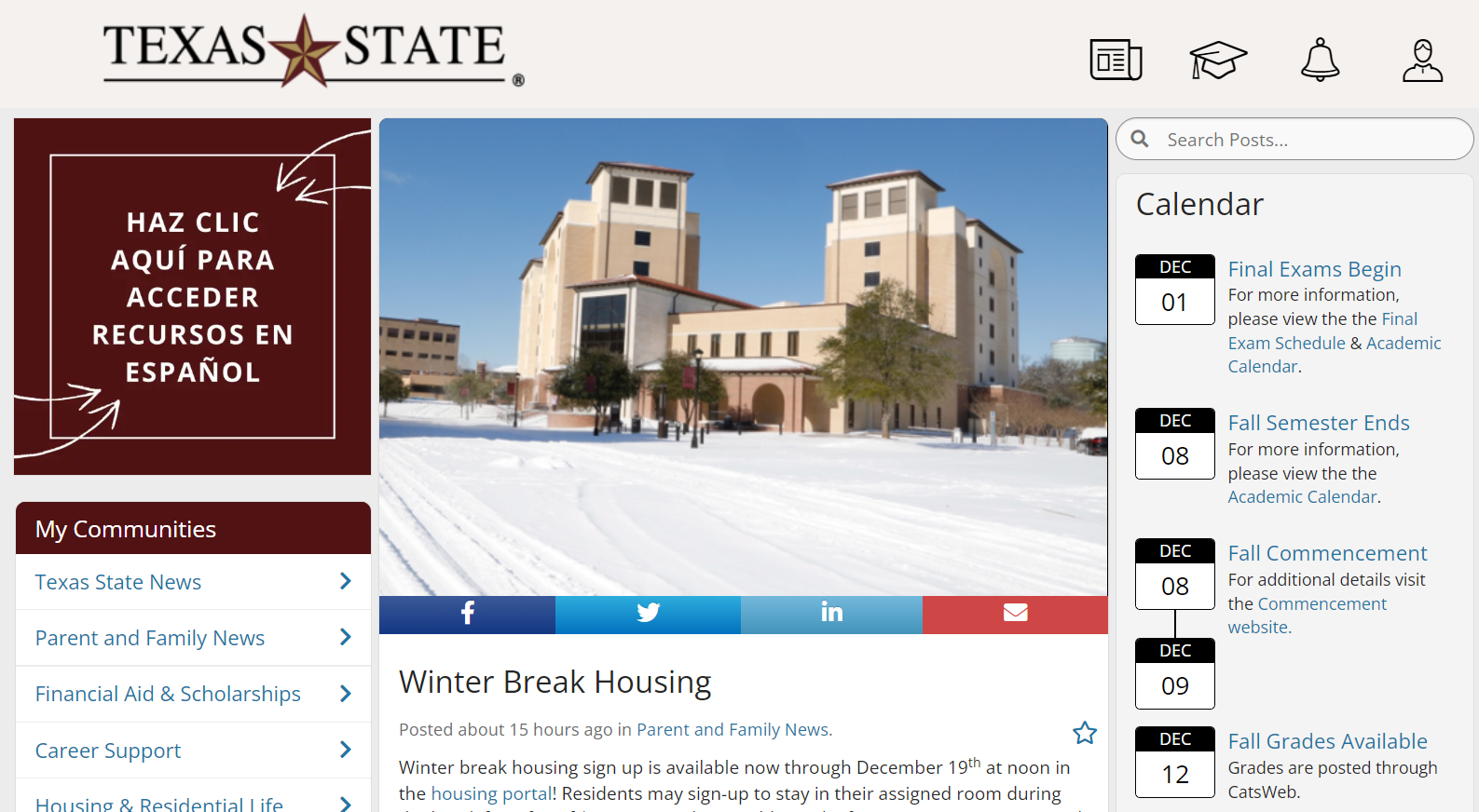 New student and family experiences texas state university